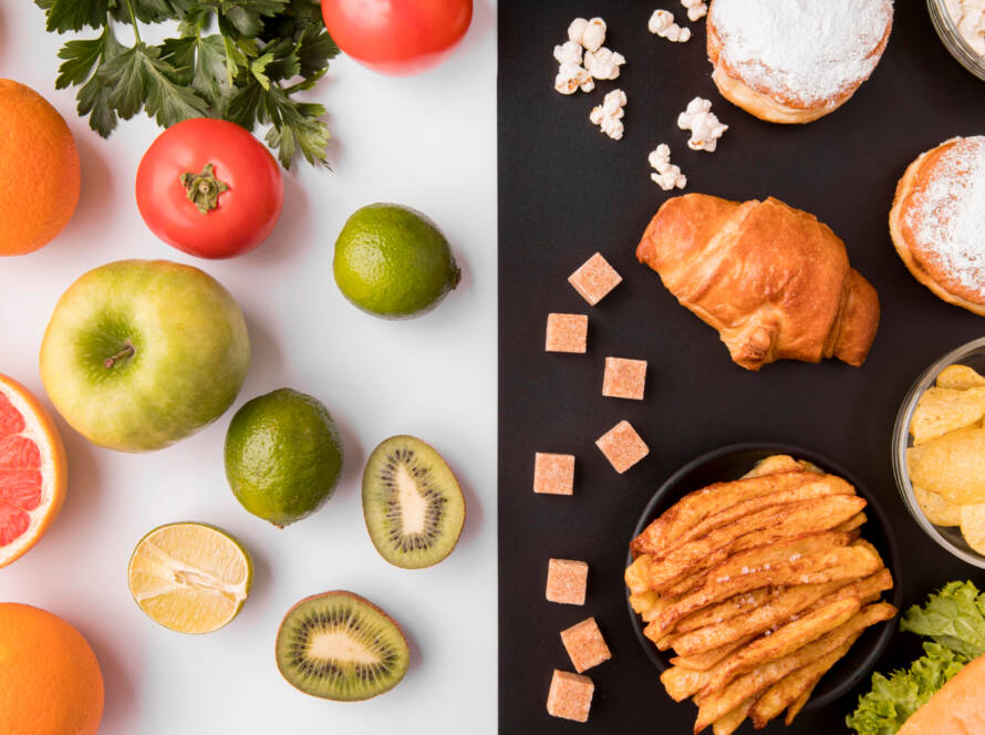 Frutas, legumes, donut, croissant e biscoitos